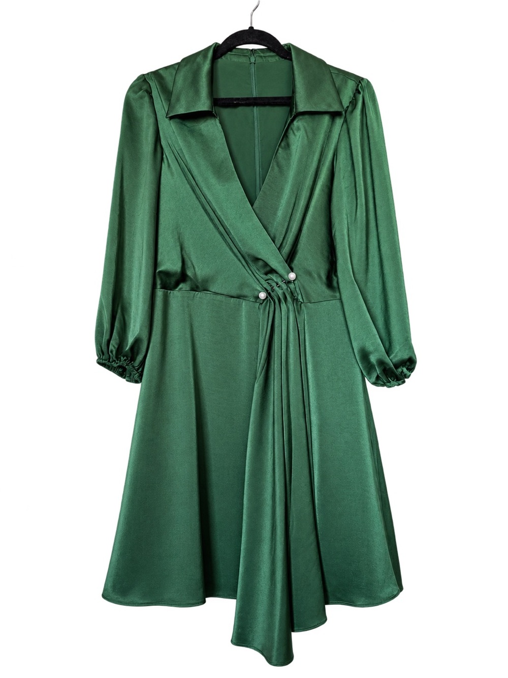 VINCE CAMUTO Green Faux Pearl Detail Satin Shirtdress - Picture 1 of 6